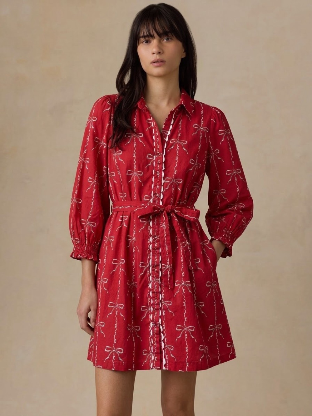 🎀 LÉA Red Bow Ribbon Print 100% Cotton Button Shirt Dress Belted Large L